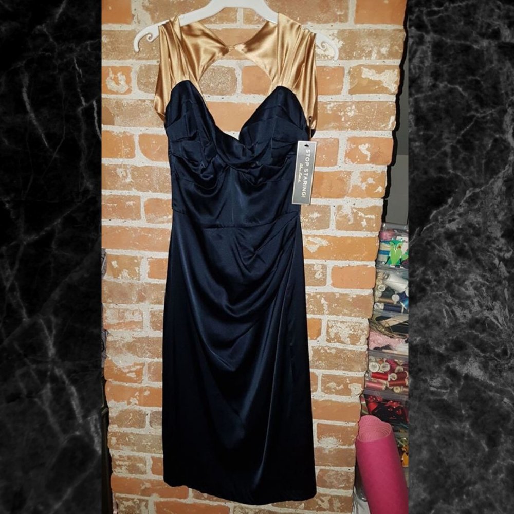 Retro Stop Staring Navy & Tan satin dress. Small